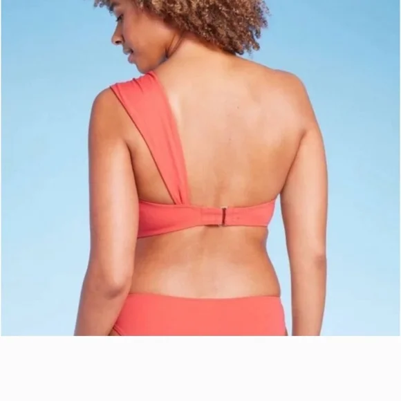 Coral Asymmetrical Bikini Top with Knot Detail Size 36B - Picture 4 of 4